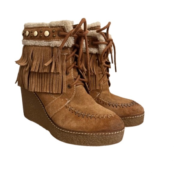 Sam Edelman Kemper Shearling-Lined Fringe Wedge Boots Tan Suede Women’s 8 - Picture 1 of 7